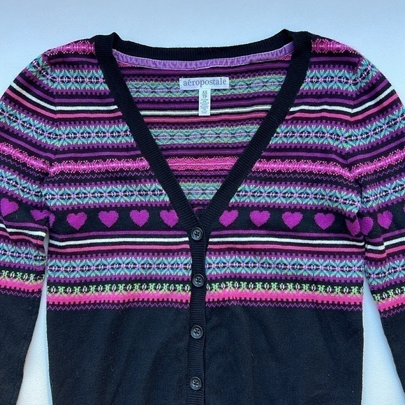 Aeropostale cute Pink/purple heart Striped Cardigan Sweater essential layer xs - Picture 2 of 9